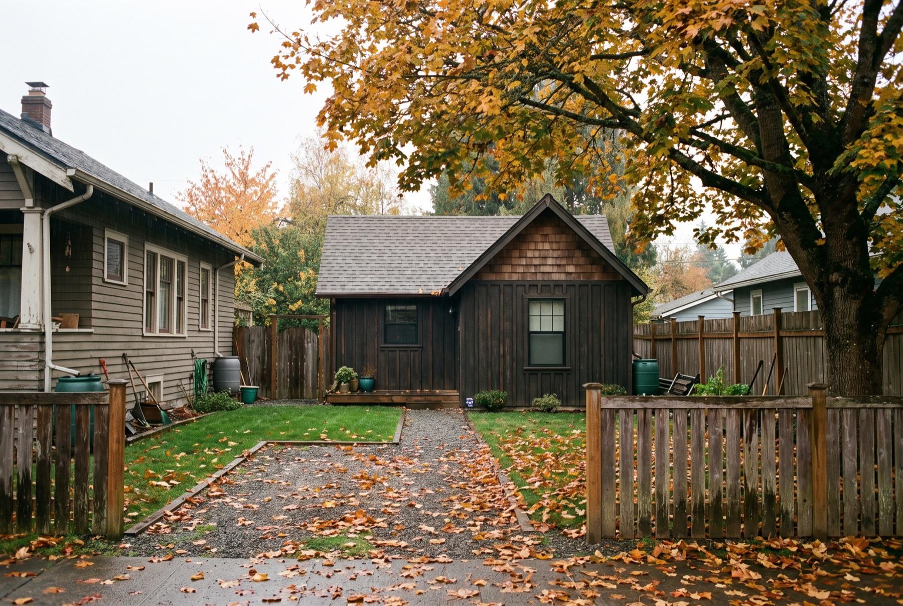 A small detached backyard cottage with board-and-batten siding behind an older bungalow, a gravel path between them