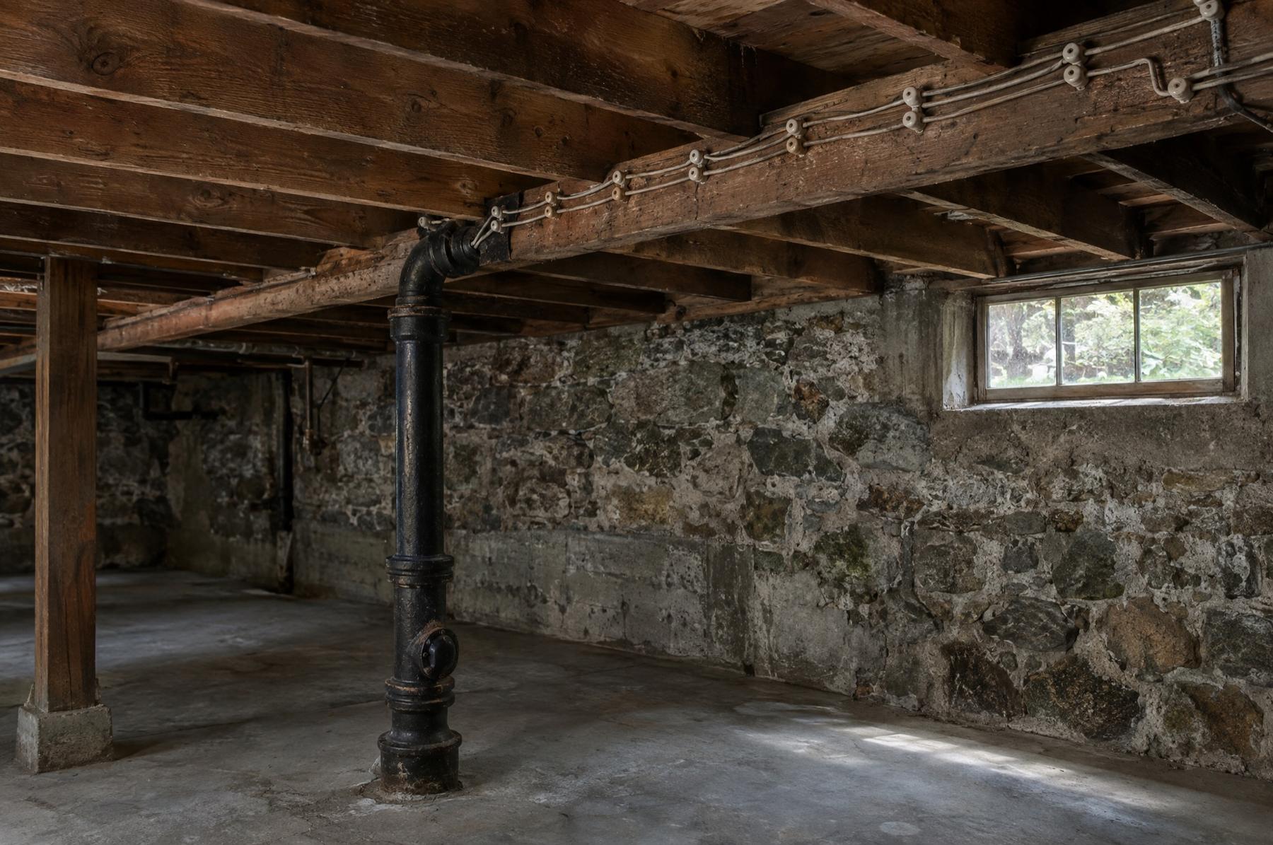 Old fir floor joists, a cast iron drain stack, and early wiring in the unfinished basement of a 1910s bungalow