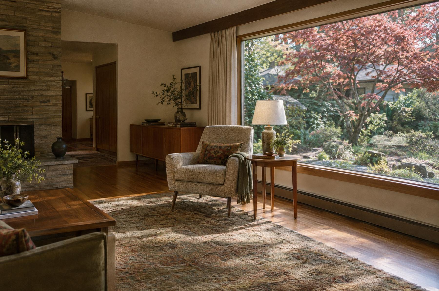 A reading chair beside a large picture window in the sunlit living room of a single-level rambler
