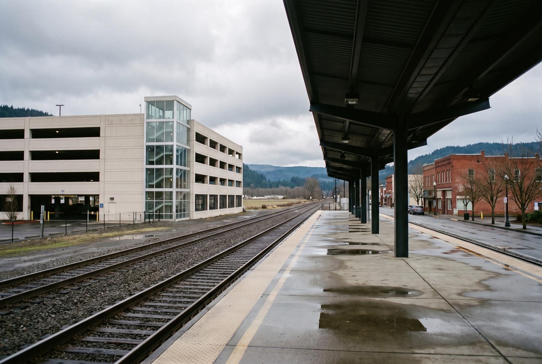 A new concrete parking garage with a glass stair tower across the tracks from a covered commuter rail platform on an overcast morning