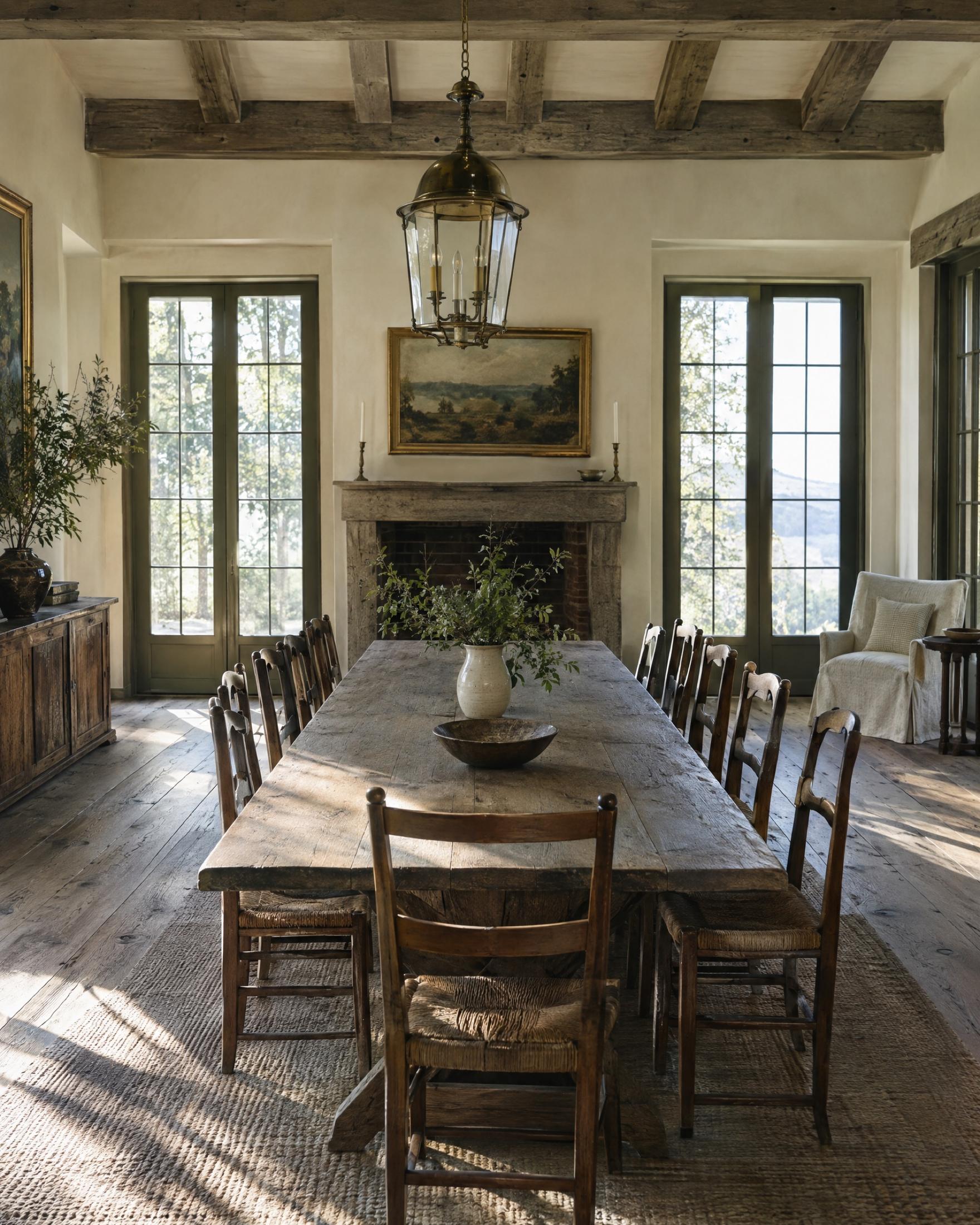 Farmhouse dining room with a long weathered wood table, rush-seat ladder-back chairs, a brass lantern pendant, exposed ceiling beams, a stone fireplace with a painting of fields, and tall French doors letting in daylight
