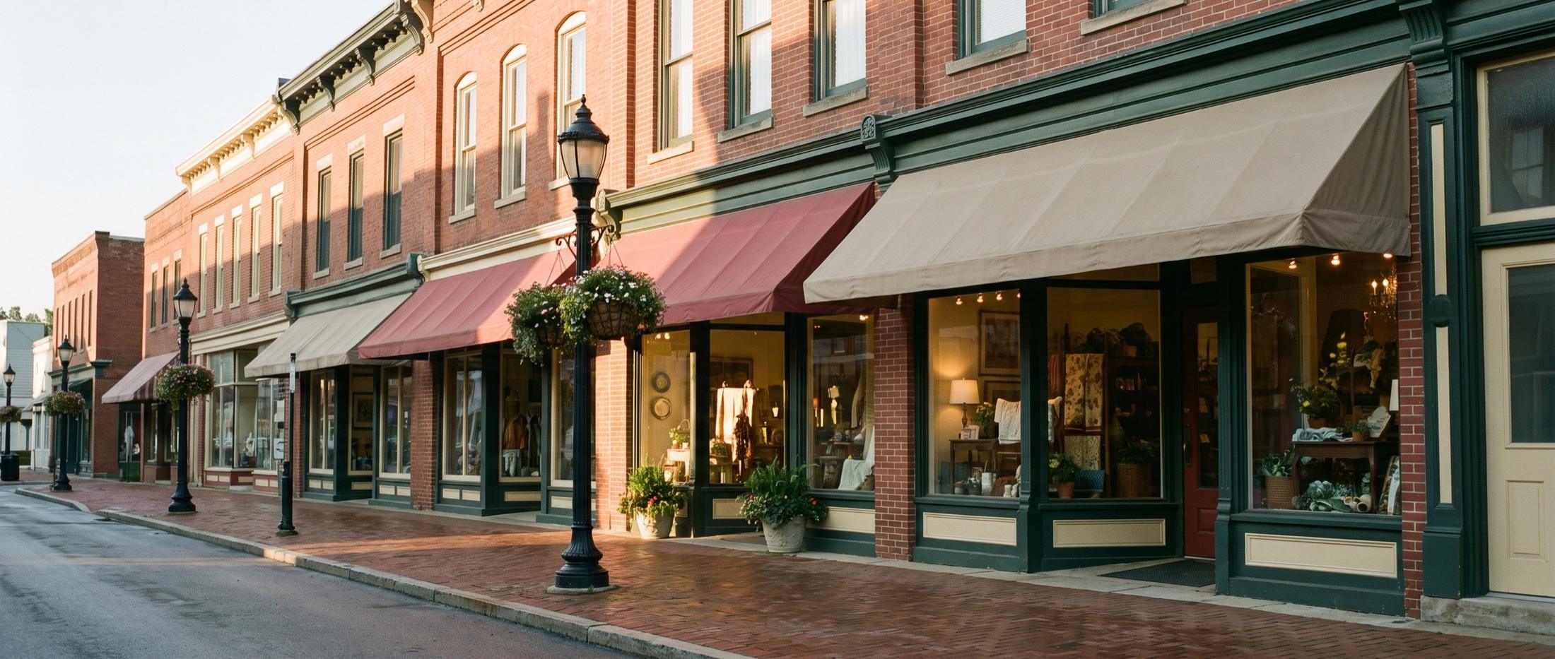 Two-story red brick storefronts on a historic main street in early morning sun, with green-painted trim, maroon and tan fabric awnings, lit shop windows, hanging flower baskets on black lamp posts, and a brick-paved sidewalk