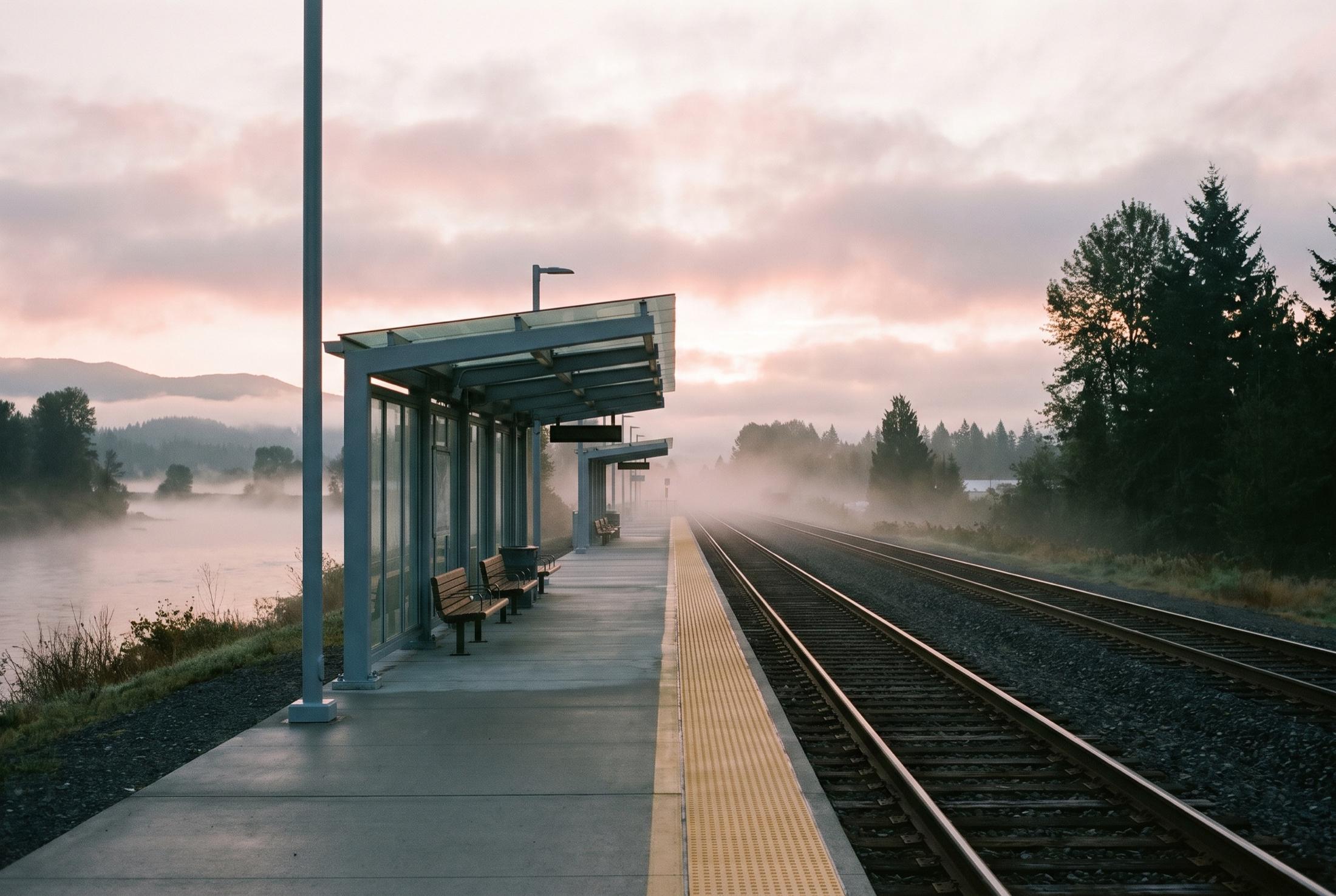 Empty commuter rail platform at dawn with a glass-roofed steel shelter, wooden benches, a yellow tactile edge strip beside two tracks, and morning mist over a river and evergreen trees