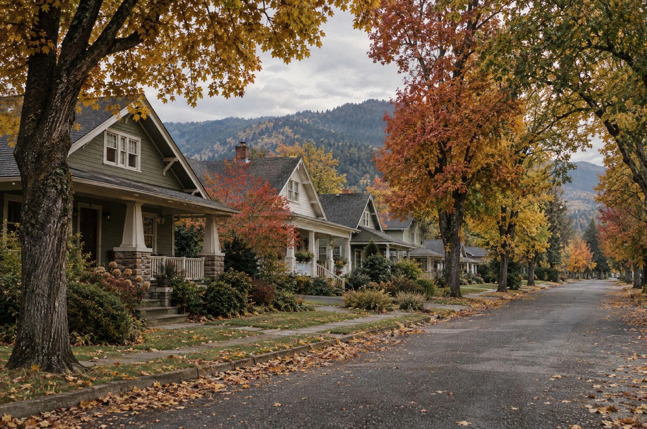Quiet residential street lined with craftsman bungalows with front porches and stone column bases, maple trees in yellow and red autumn color, fallen leaves along the curb, and a forested hillside behind