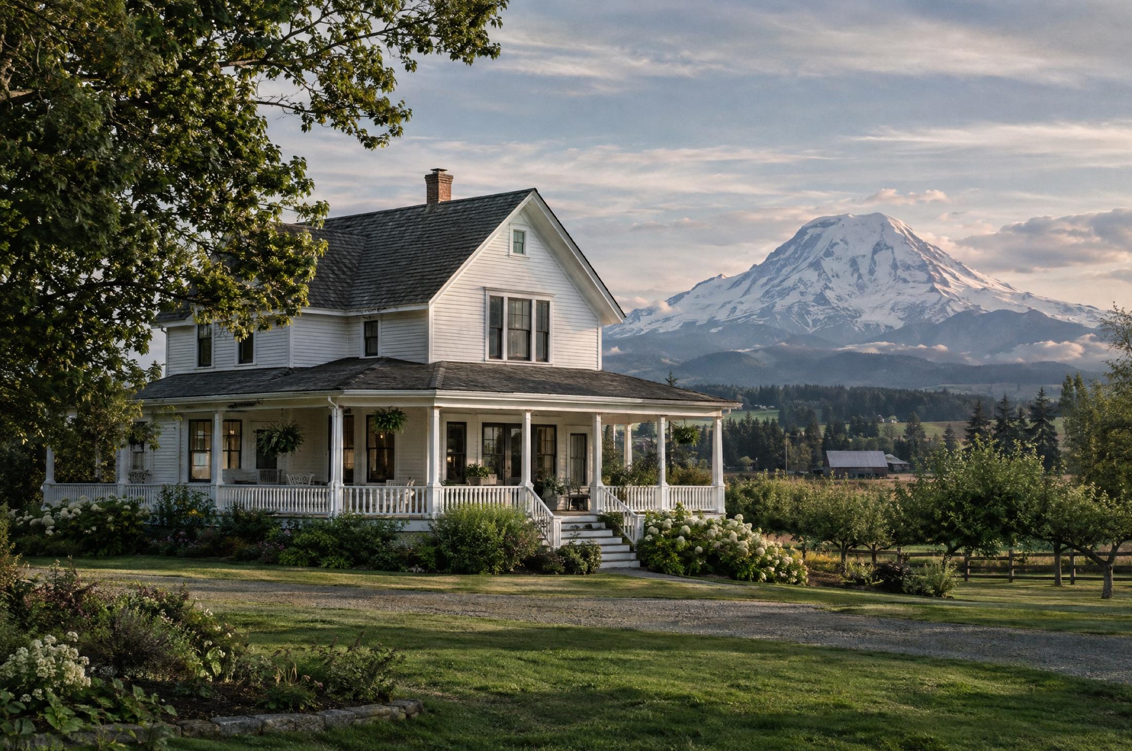 White two-story farmhouse with a wraparound porch, hanging ferns, and hydrangeas, set on a lawn with a gravel drive, with a young orchard to the side and snow-covered Mount Rainier in the distance
