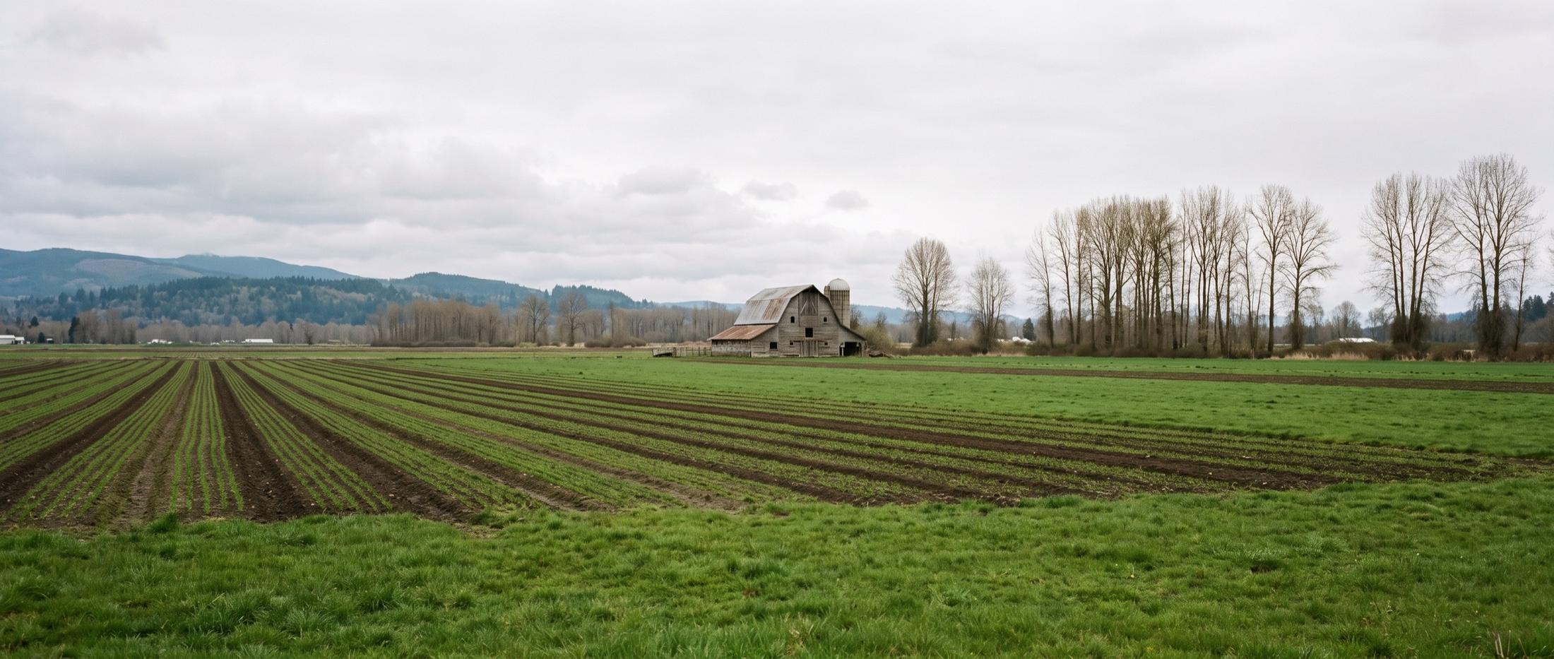 Flat farm fields with rows of young crops under an overcast sky, an old gray wooden barn with a silo, a line of bare cottonwoods, and low forested hills beyond